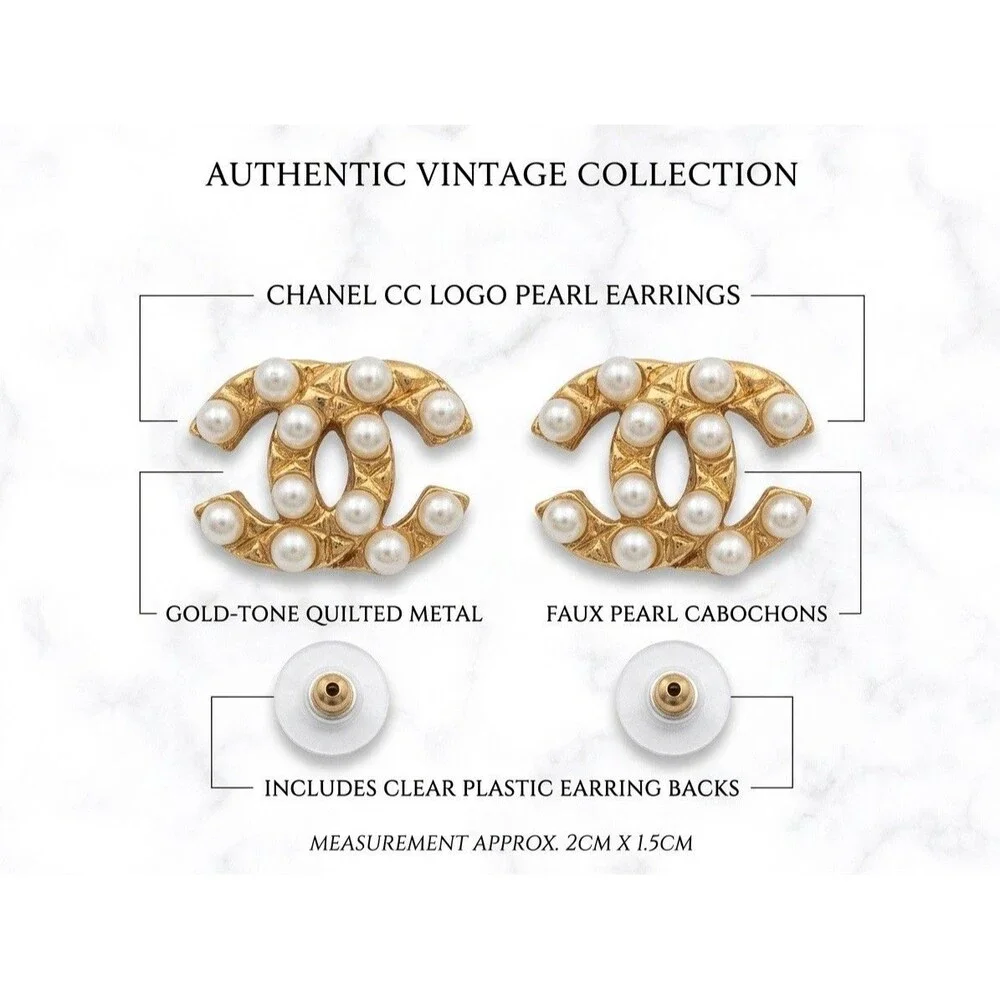 ⁠Chanel Vintage Faux Pearl CC Logo Stud Earrings Gold Quilted 03A As-Is
